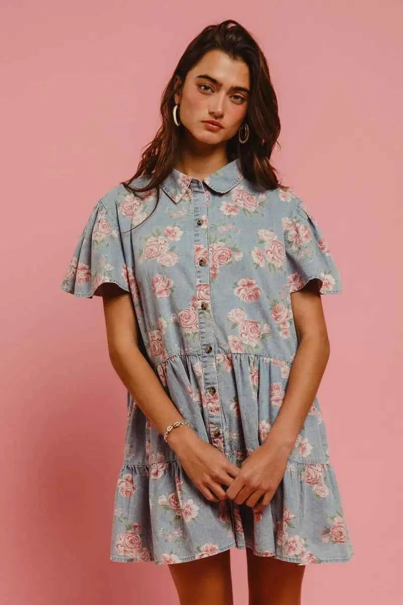 BiBi Floral Print Washed Lightweight Tiered Shirt Dress BiBi Floral Print Washed Lightweight Tiered Shirt Dress