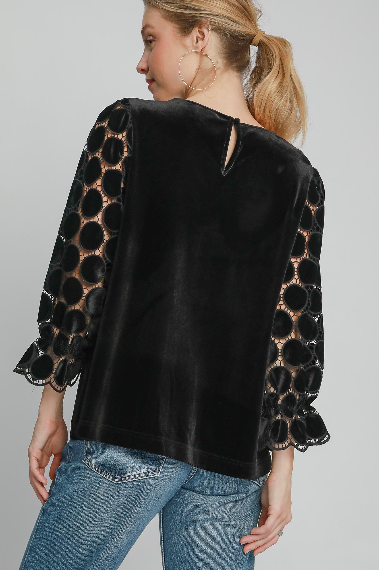 Umgee Polka Dot Lace Long Sleeve Round Neck Blouse Umgee Polka Dot Lace Long Sleeve Round Neck Blouse - TopFashionHQ
