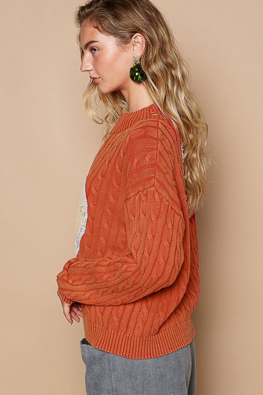 POL Cable-Knit Peace Patch Dropped Shoulder Sweater POL Cable-Knit Peace Patch Dropped Shoulder Sweater - TopFashionHQ