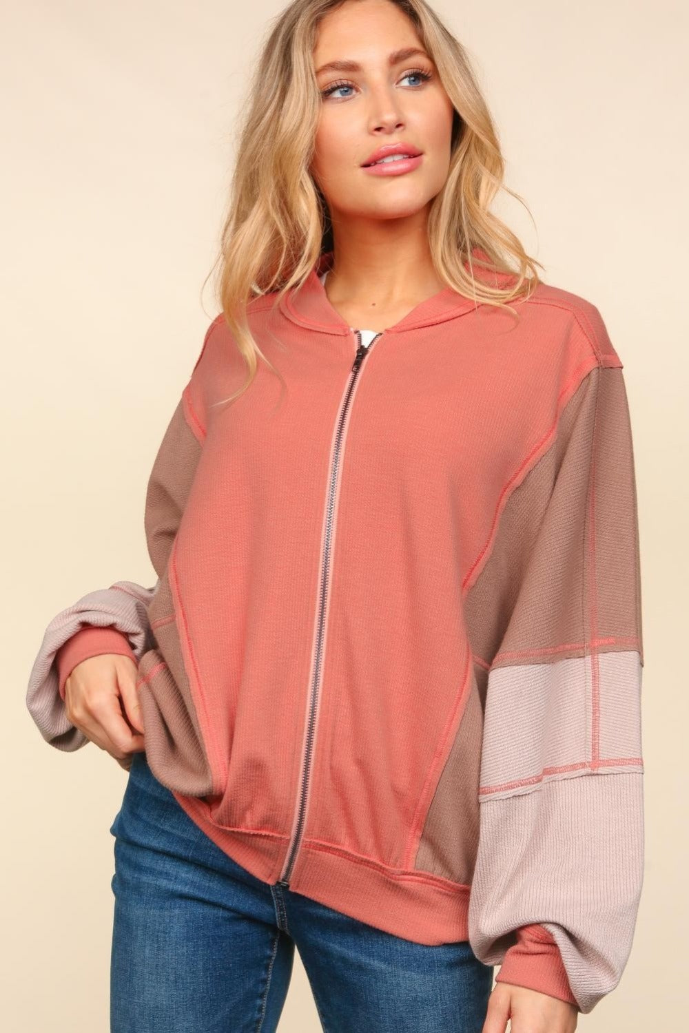 Haptics Zip Up Color Block Bomber Jacket with Side Pockets Haptics Zip Up Color Block Bomber Jacket with Side Pockets