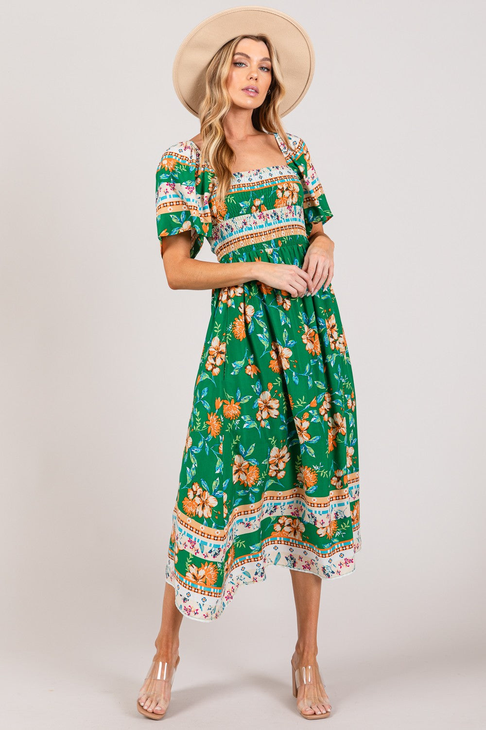 SAGE + FIG Printed Smocked Short Sleeve Midi Dress SAGE + FIG Printed Smocked Short Sleeve Midi Dress - TopFashionHQ