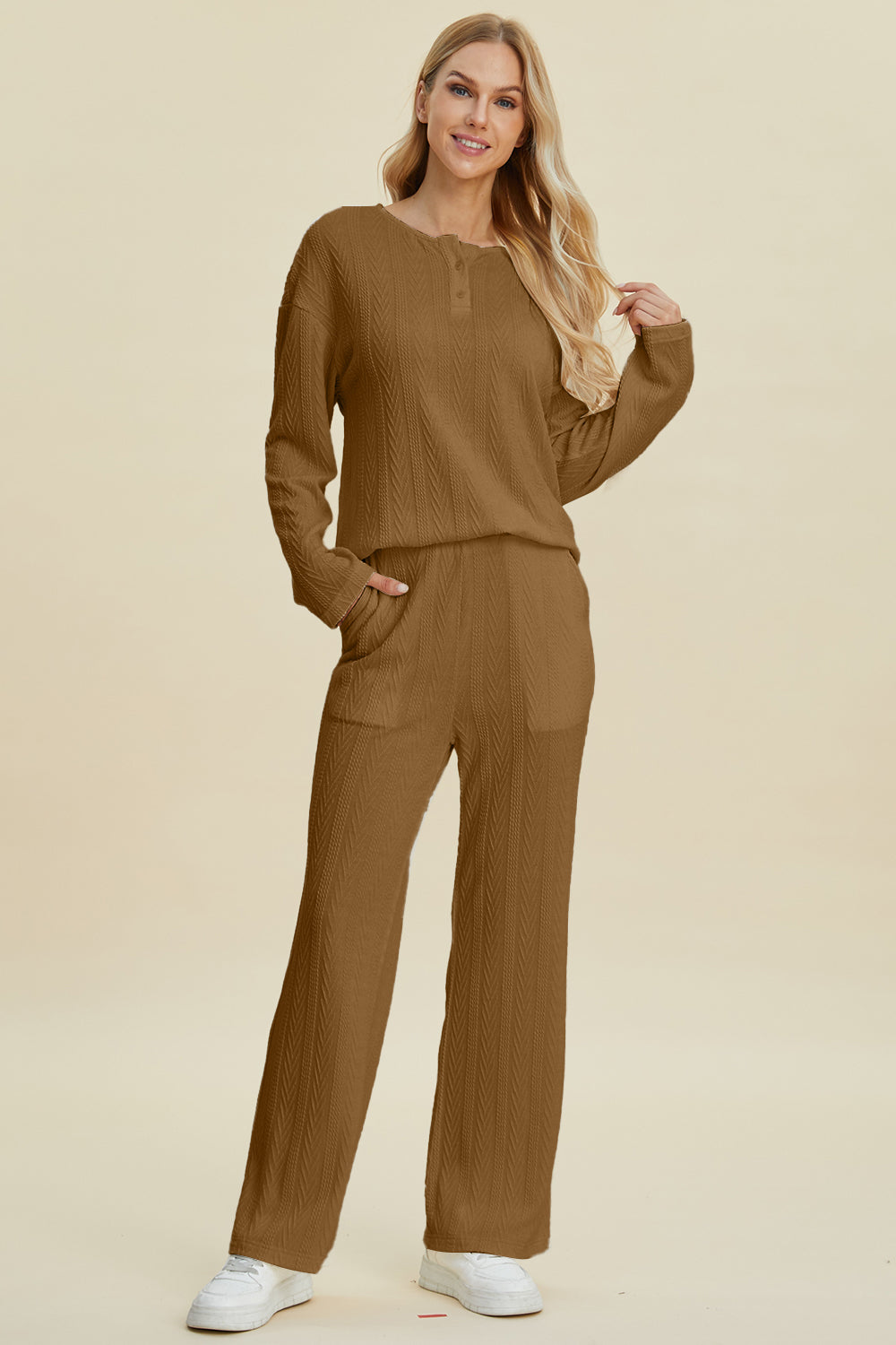 Double Take Full Size Cable-Knit Long Sleeve Top and Pants Set Double Take Full Size Cable-Knit Long Sleeve Top and Pants Set