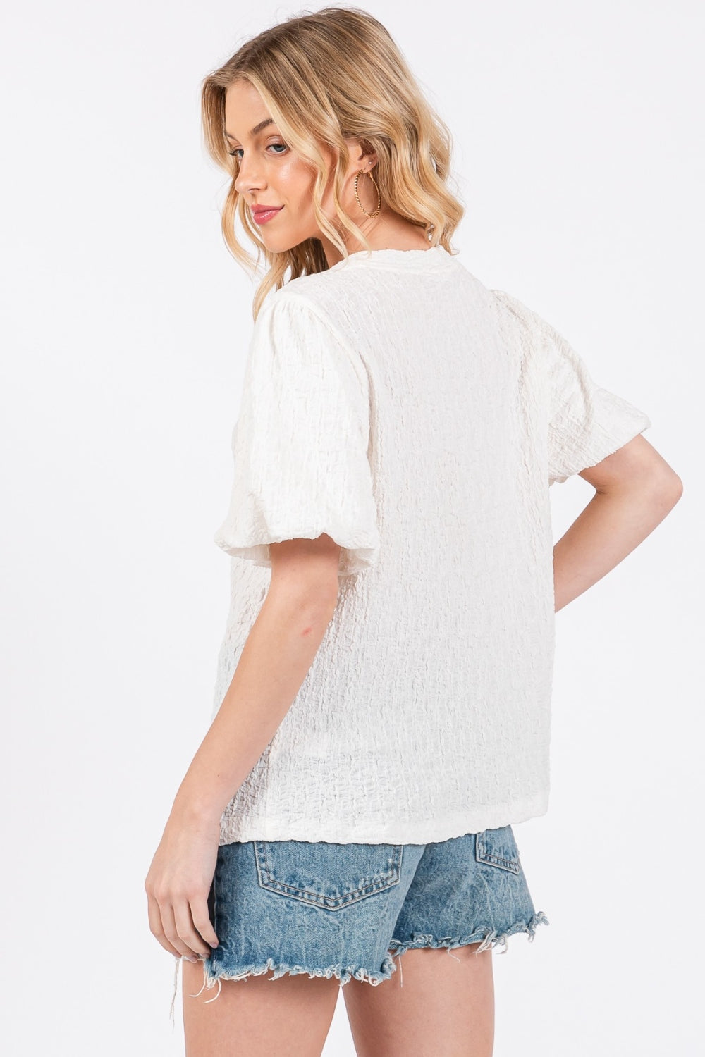 Ces Femme Textured Puff Sleeve Top Ces Femme Textured Puff Sleeve Top - TopFashionHQ
