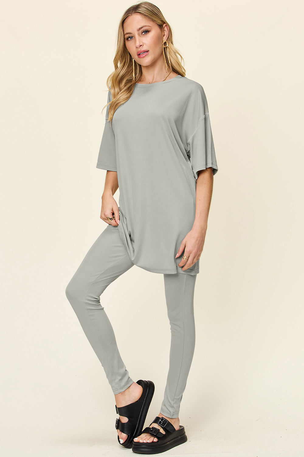 Double Take Full Size Round Neck Dropped Shoulder T-Shirt and Leggings Set Double Take Full Size Round Neck Dropped Shoulder T-Shirt and Leggings Set