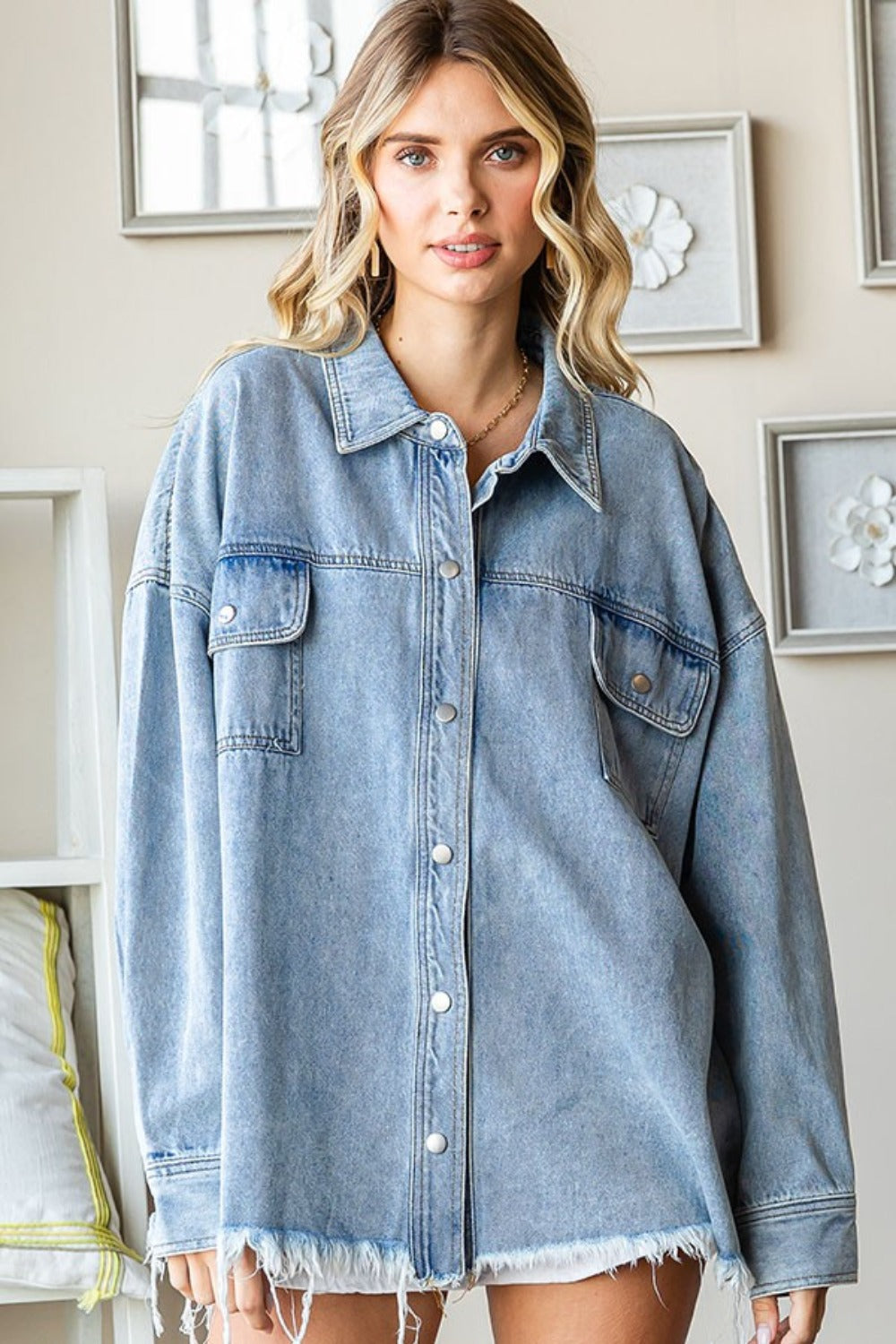 First Love Smile Face Button Down Raw Hem Denim Jacket First Love Smile Face Button Down Raw Hem Denim Jacket