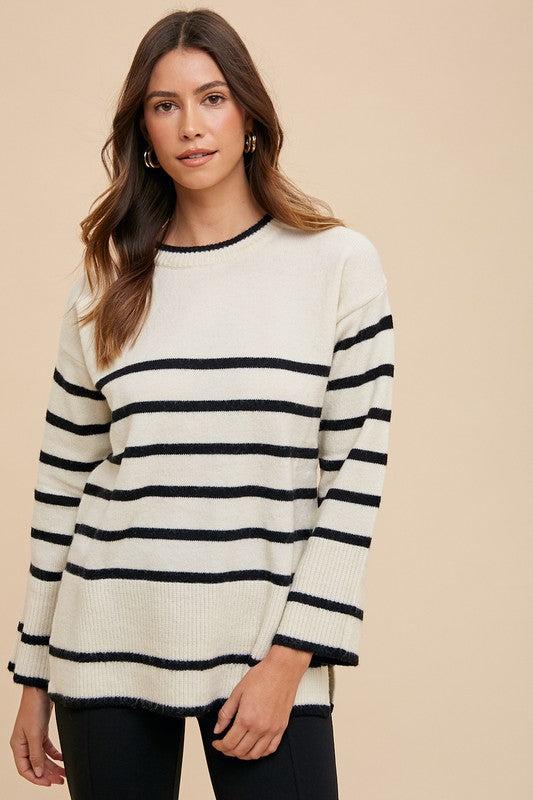 Annie Wear Side Slit Striped Round Neck Sweater Annie Wear Side Slit Striped Round Neck Sweater