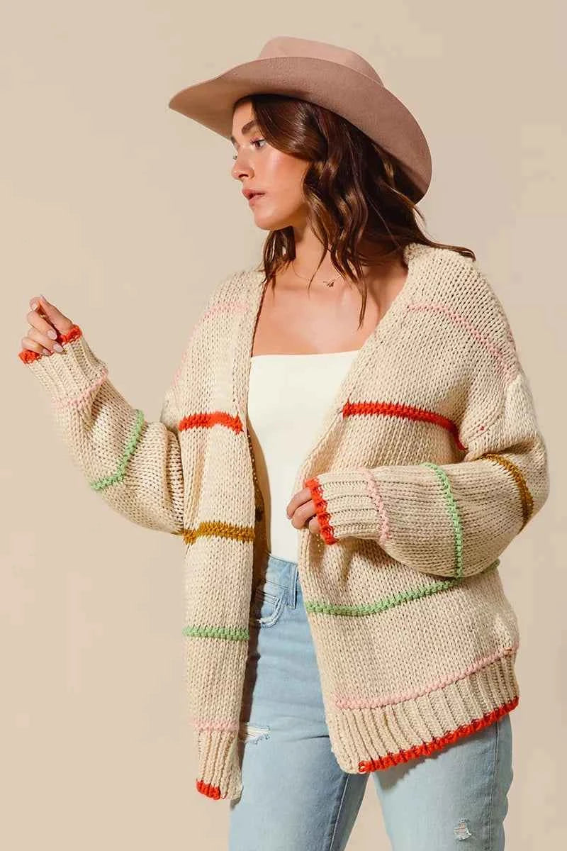 SO ME Loose Fit Multi Stripe Open Front Cardigan SO ME Loose Fit Multi Stripe Open Front Cardigan
