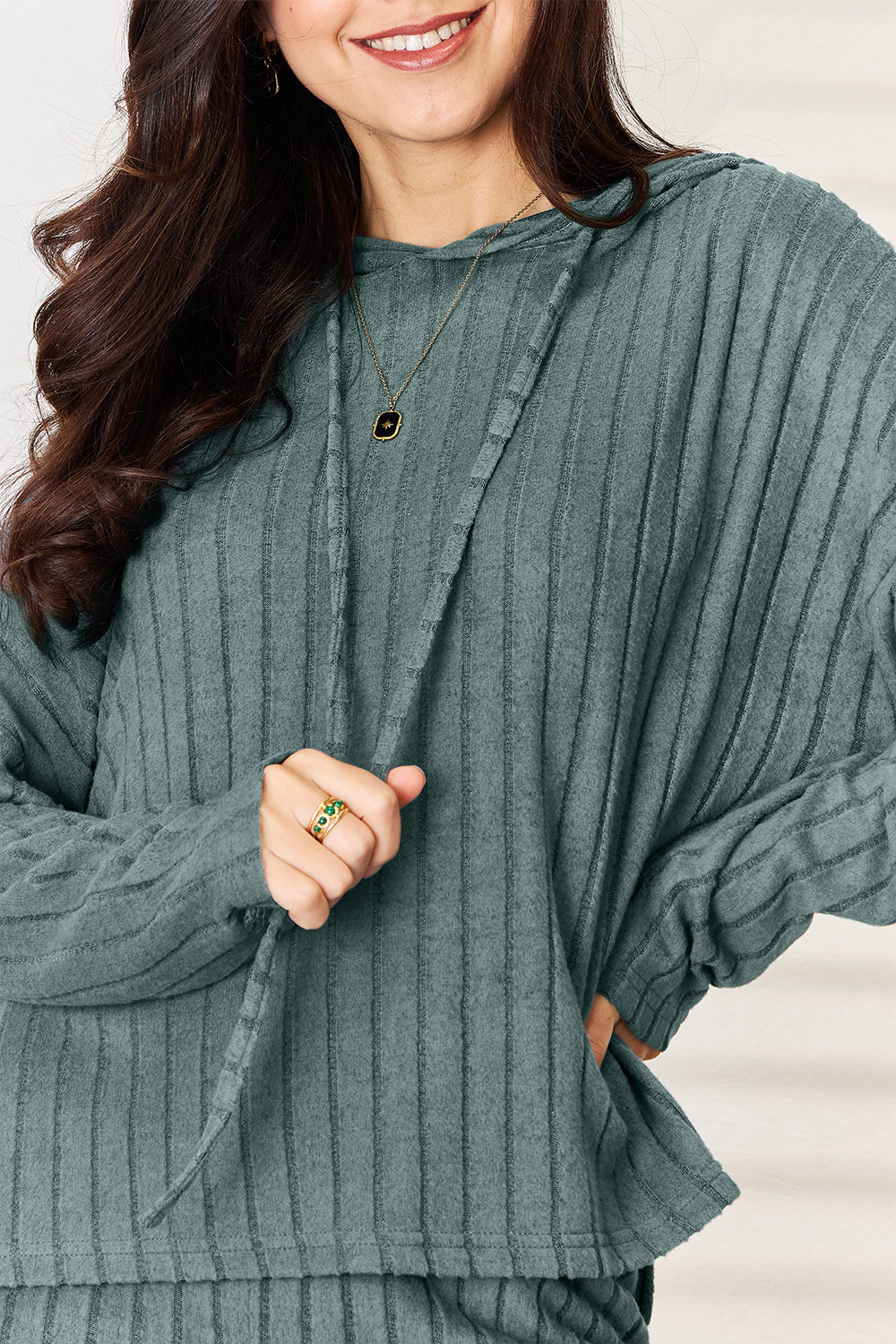 Basic Bae Full Size Ribbed Drawstring Hooded Top and Straight Pants Set Basic Bae Full Size Ribbed Drawstring Hooded Top and Straight Pants Set - TopFashionHQ