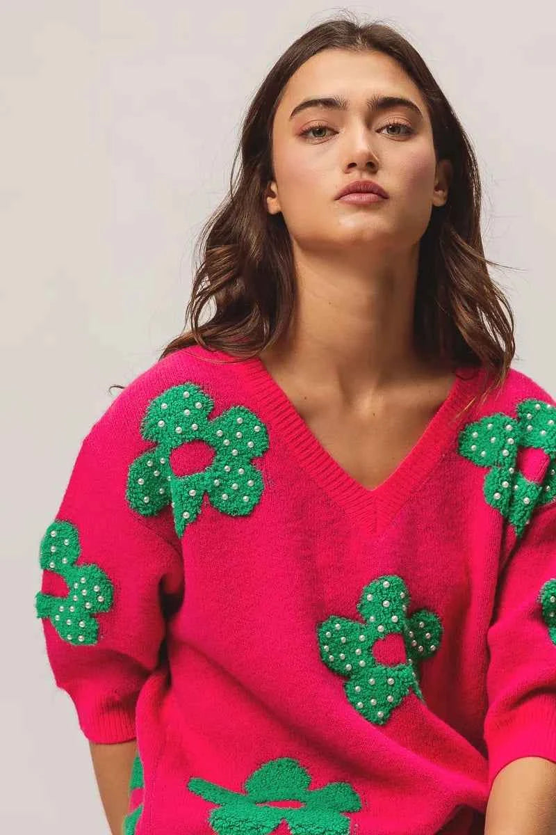 BiBi Pearl Beads Flowers Sweater Top BiBi Pearl Beads Flowers Sweater Top