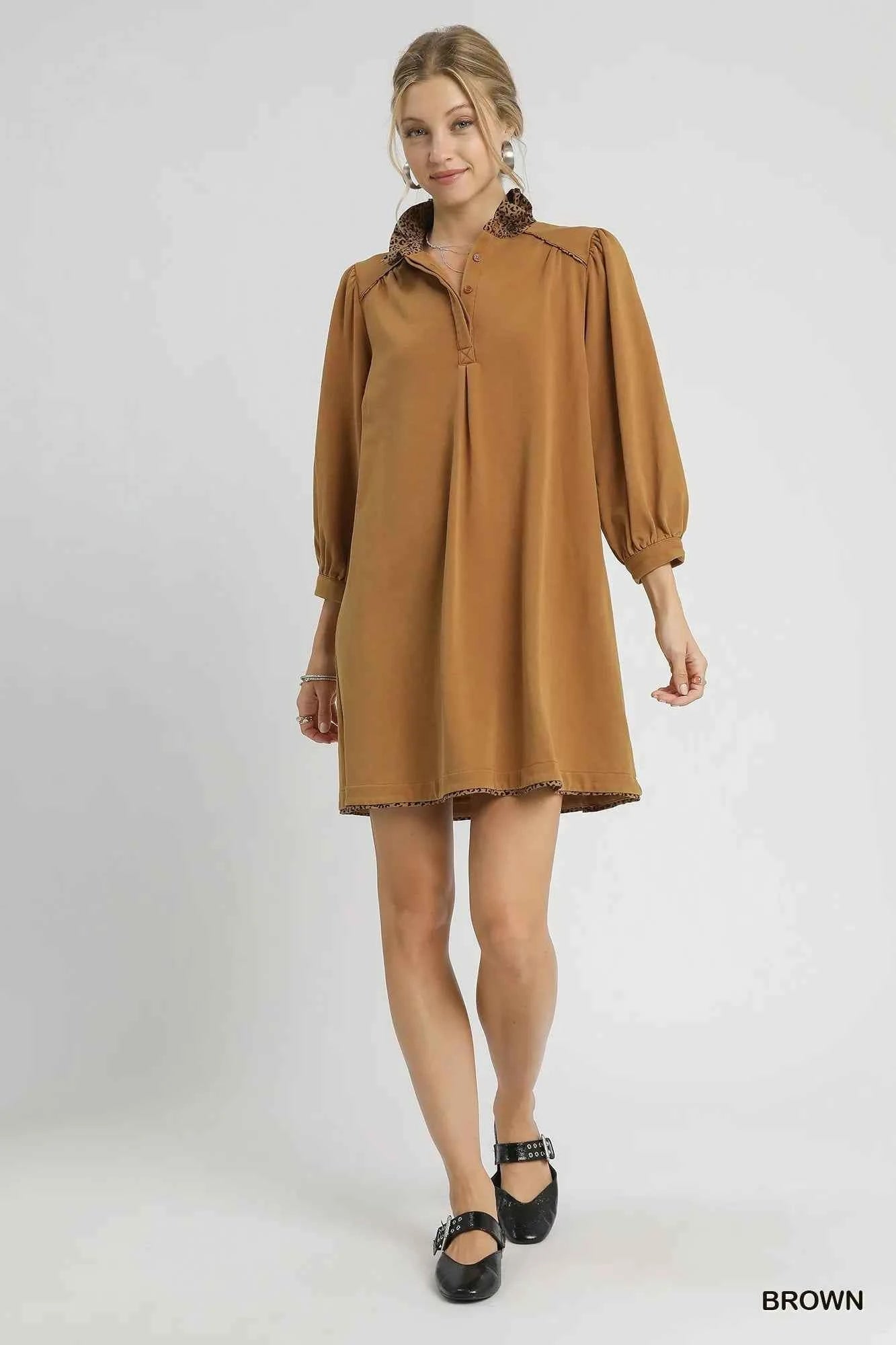 Umgee French Terry Balloon Sleeve Shift Dress with Leopard Print Detail Umgee French Terry Balloon Sleeve Shift Dress with Leopard Print Detail