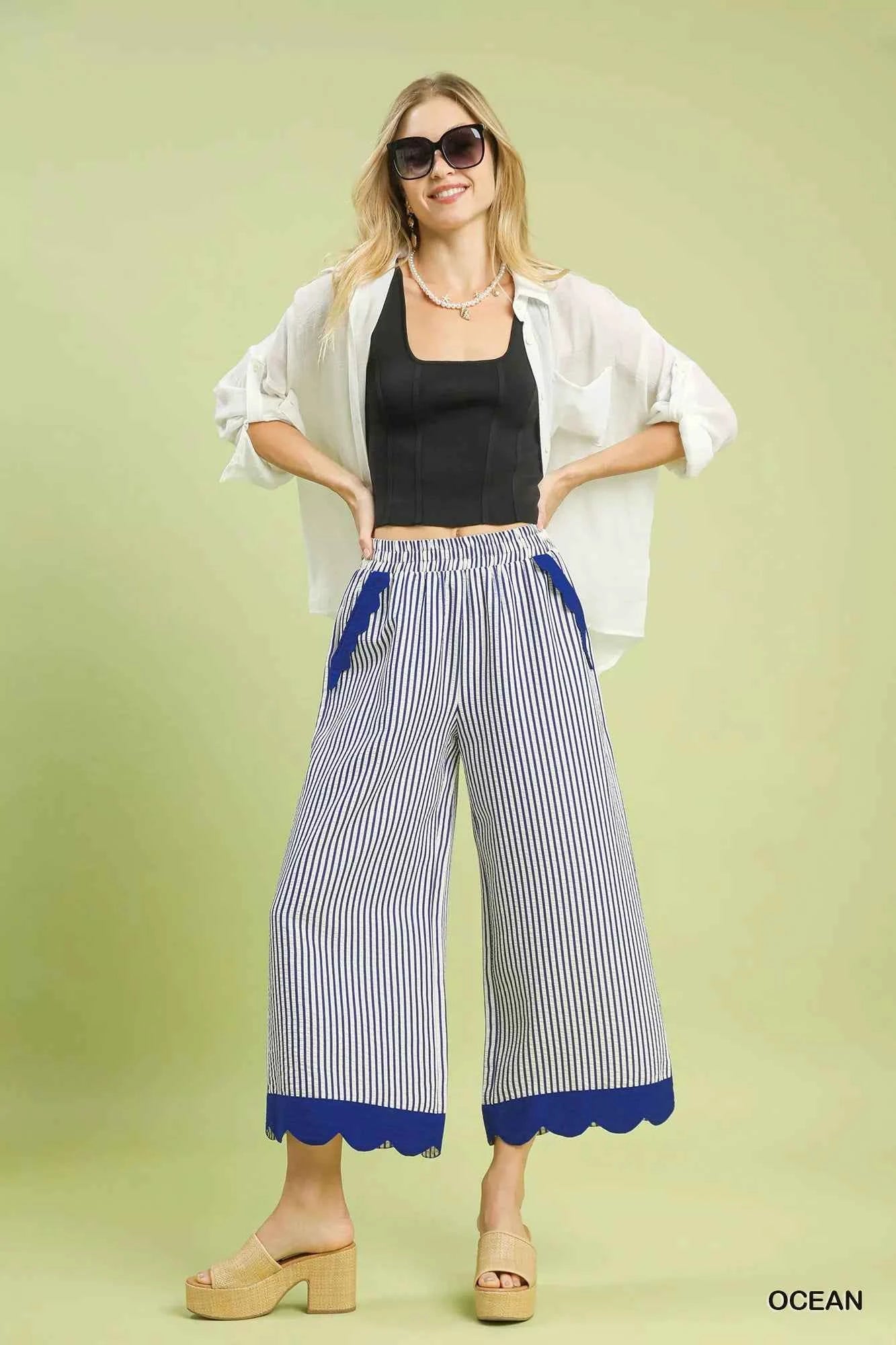 Umgee Stripe Scallop Hem Wide Leg Pants Umgee Stripe Scallop Hem Wide Leg Pants