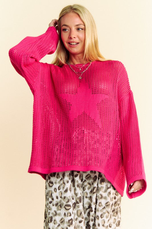 Davi & Dani Star Front Crochet Drop Shoulder Knit Top Davi & Dani Star Front Crochet Drop Shoulder Knit Top - TopFashionHQ