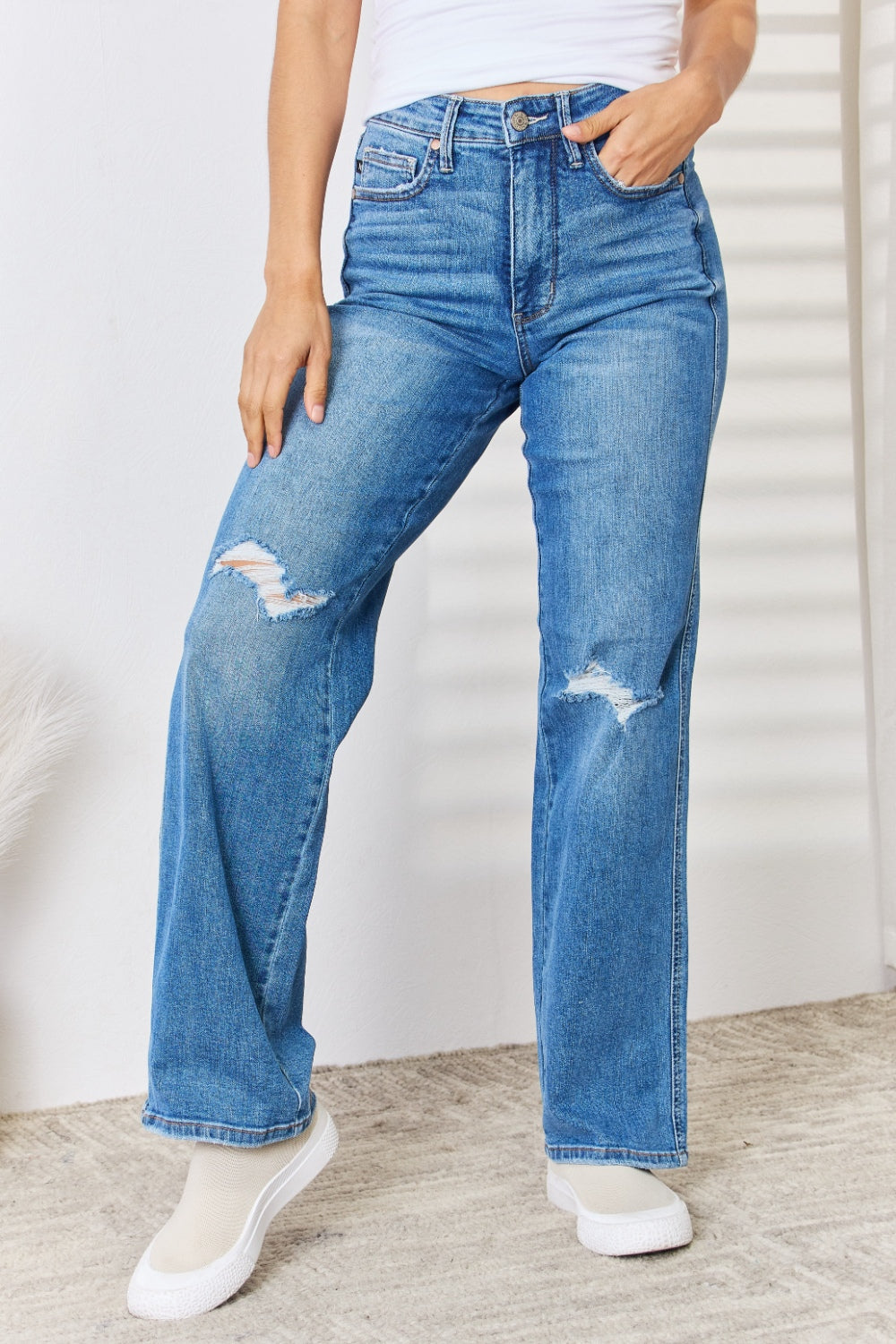 Judy Blue Full Size High Waist Distressed Straight-Leg Jeans Judy Blue Full Size High Waist Distressed Straight-Leg Jeans - TopFashionHQ