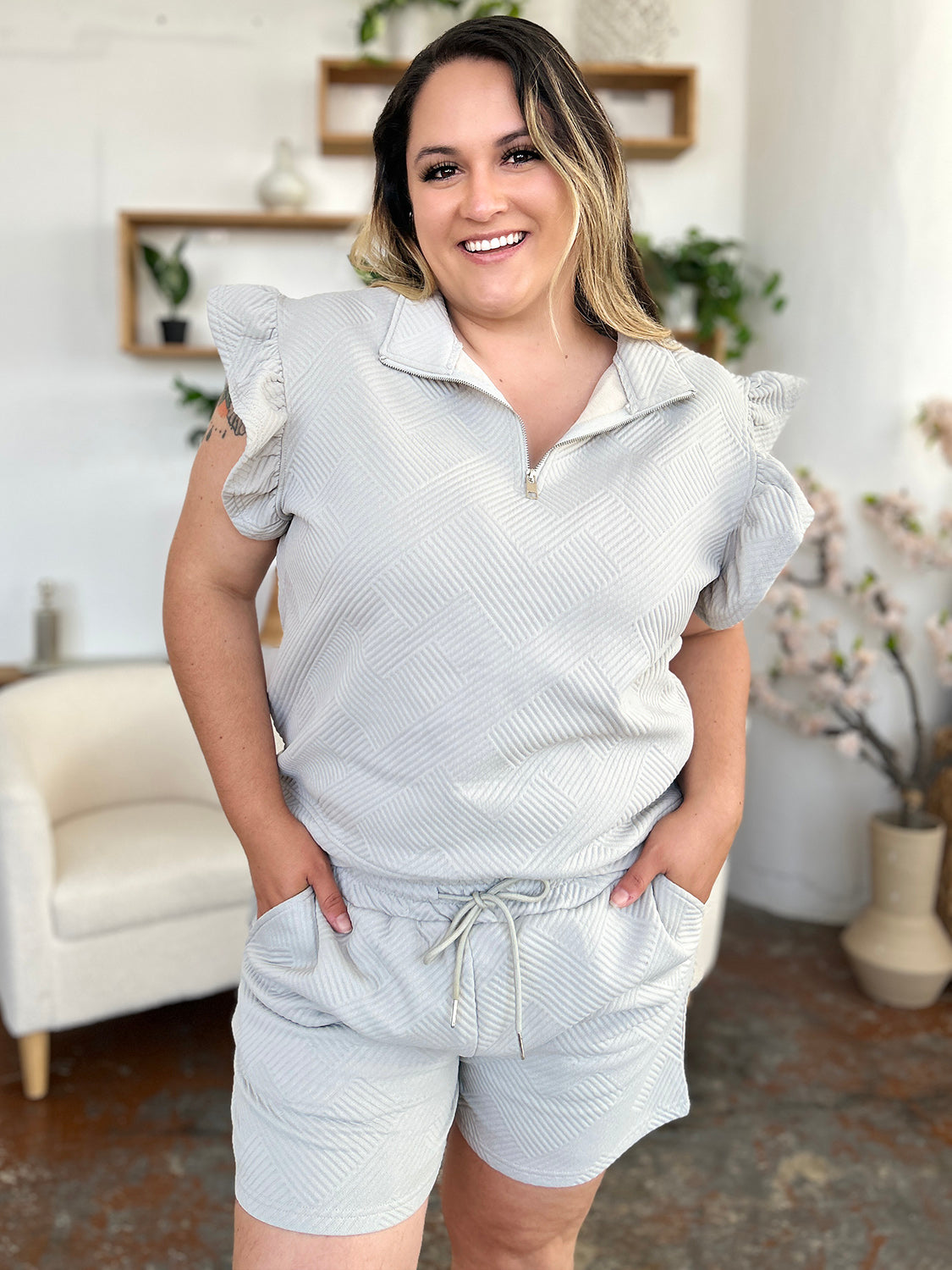 Double Take Full Size Texture Flounce Sleeve Top and Drawstring Shorts Set Double Take Full Size Texture Flounce Sleeve Top and Drawstring Shorts Set