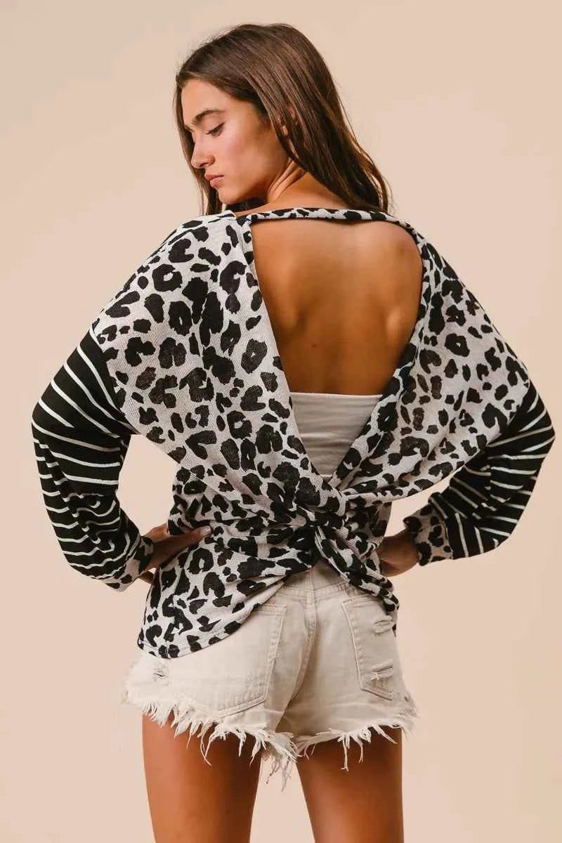 BiBi Leopard Hacci Knit Twist Back Top With Stripe Sleeve BiBi Leopard Hacci Knit Twist Back Top With Stripe Sleeve