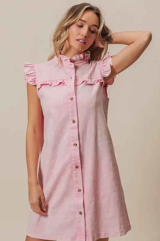 BiBi Washed Button Down Ruffled Cap Sleeve Denim Dress BiBi Washed Button Down Ruffled Cap Sleeve Denim Dress