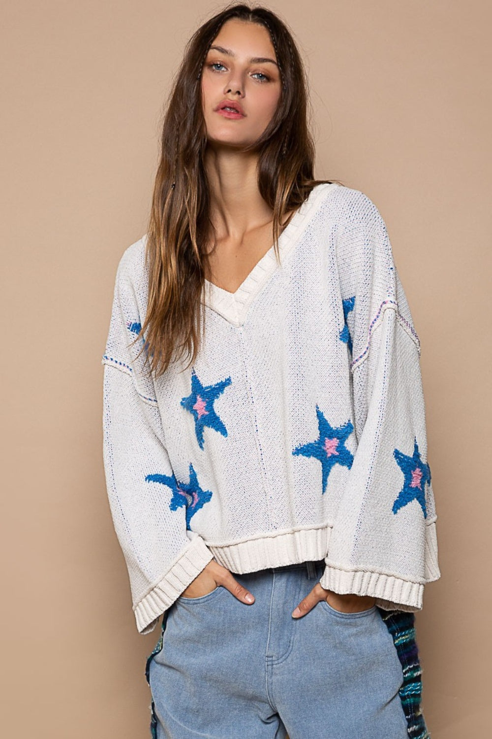 POL Long Sleeve Star Patch Sweater POL Long Sleeve Star Patch Sweater - TopFashionHQ