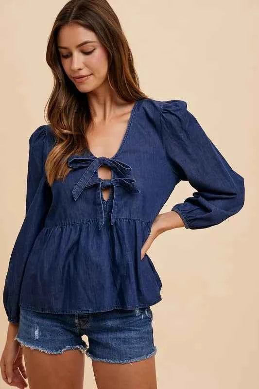 Annie Wear Tie Front Peplum Long Sleeve Denim Top Annie Wear Tie Front Peplum Long Sleeve Denim Top