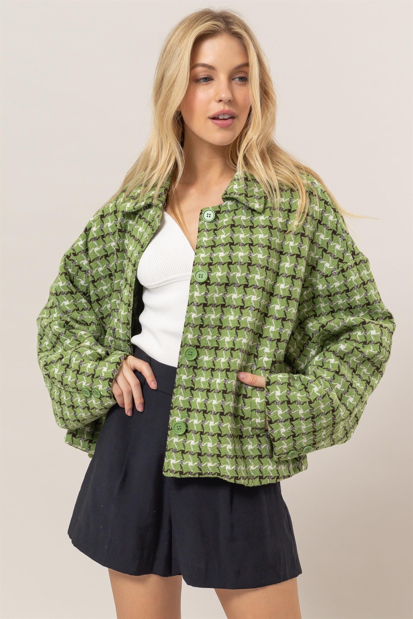 HYFVE Tweed Plaid Button Up Collared Neck Jacket HYFVE Tweed Plaid Button Up Collared Neck Jacket