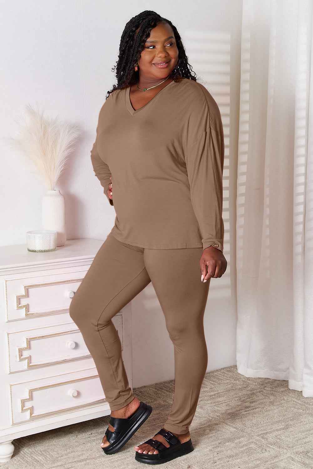Basic Bae Full Size V-Neck Soft Rayon Long Sleeve Top and Pants Lounge Set Basic Bae Full Size V-Neck Soft Rayon Long Sleeve Top and Pants Lounge Set