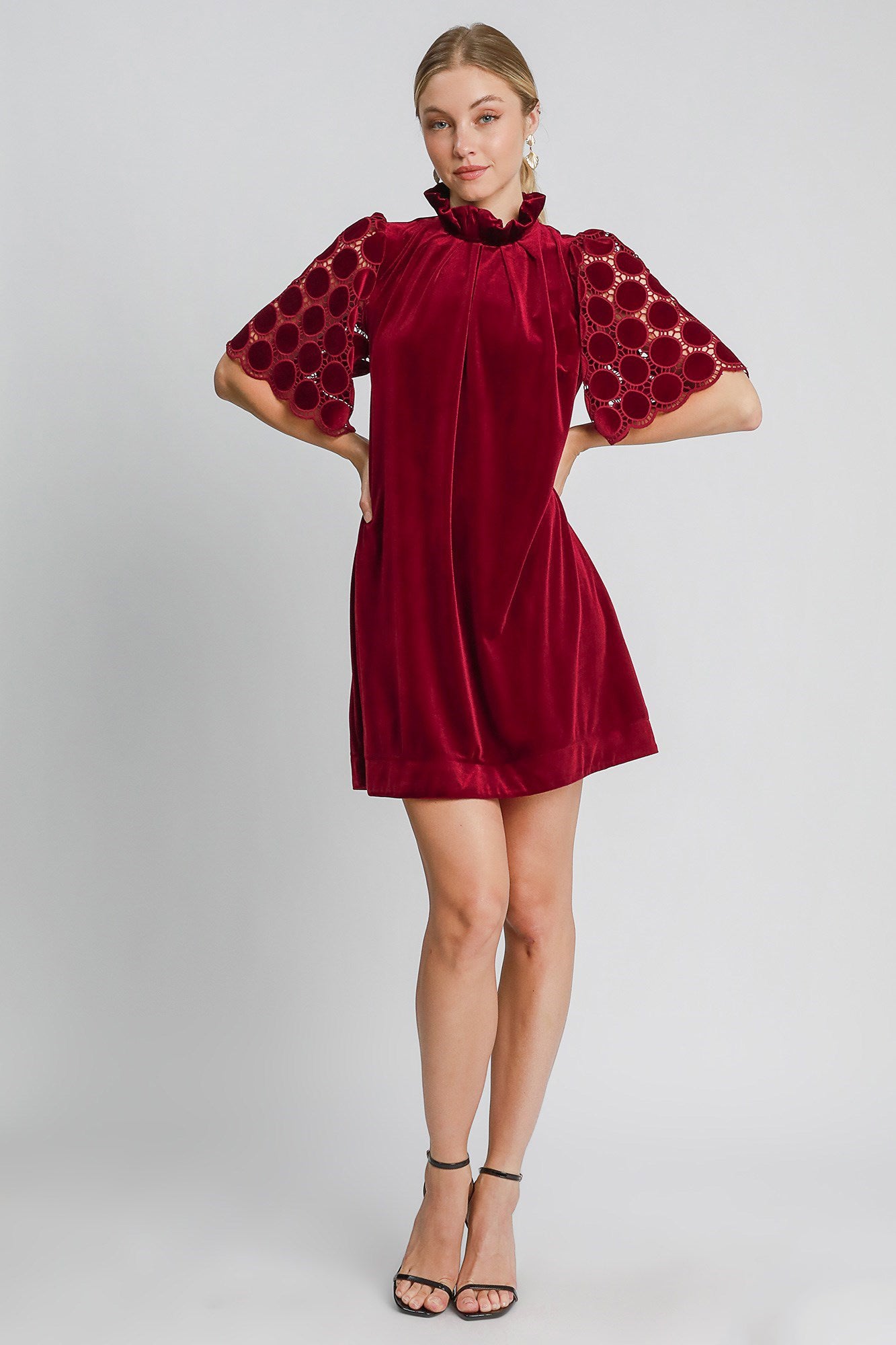 Umgee Dotted Lace Half Sleeve Mock Neck Back Tie Velvet Dress Umgee Dotted Lace Half Sleeve Mock Neck Back Tie Velvet Dress - TopFashionHQ