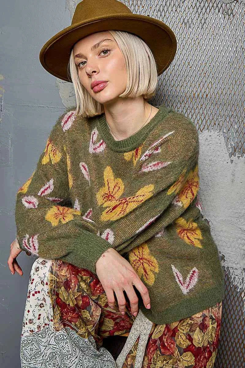 POL Floral Pattern Round Neck Balloon Sleeve Sweater POL Floral Pattern Round Neck Balloon Sleeve Sweater