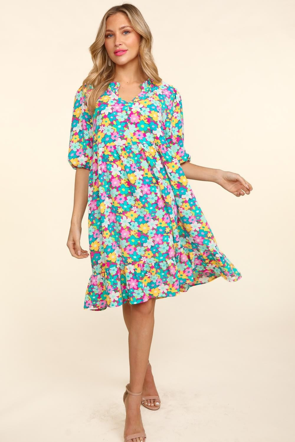 Haptics Bubble Sleeve Floral Ruffled Dress Haptics Bubble Sleeve Floral Ruffled Dress - TopFashionHQ