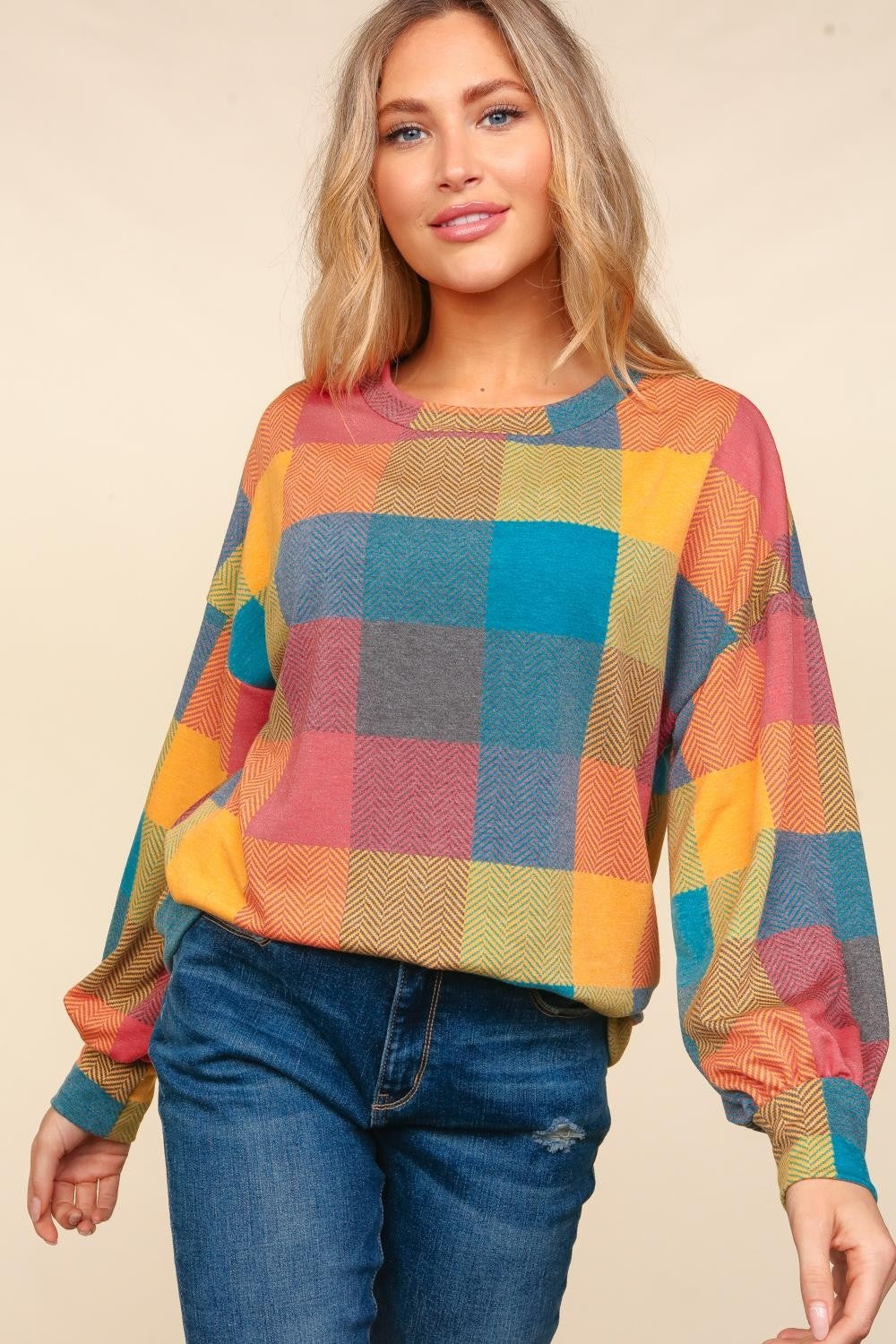 Haptics Round Neck Color Block Plaid Top Haptics Round Neck Color Block Plaid Top - TopFashionHQ