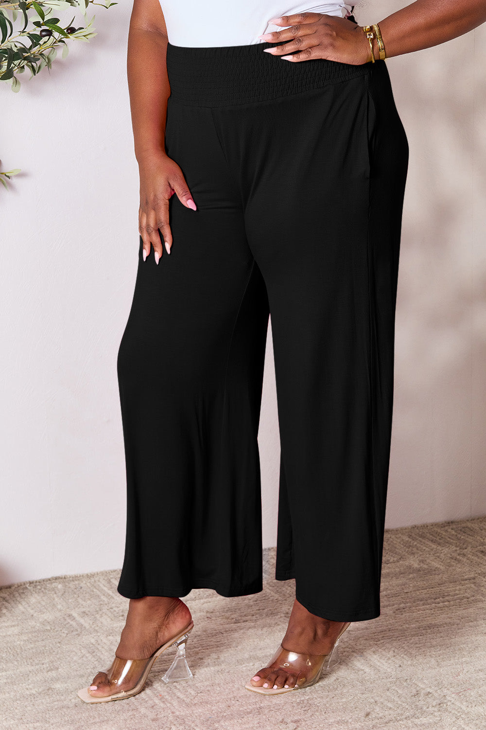 Double Take Full Size Smocked Wide Waistband Wide Leg Pants Double Take Full Size Smocked Wide Waistband Wide Leg Pants - TopFashionHQ