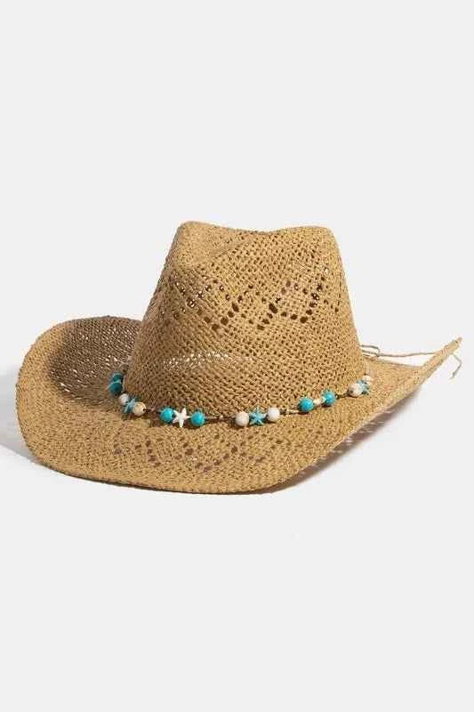 Fame Turquoise and Shell Star Beads Strap Western Straw Hat Fame Turquoise and Shell Star Beads Strap Western Straw Hat