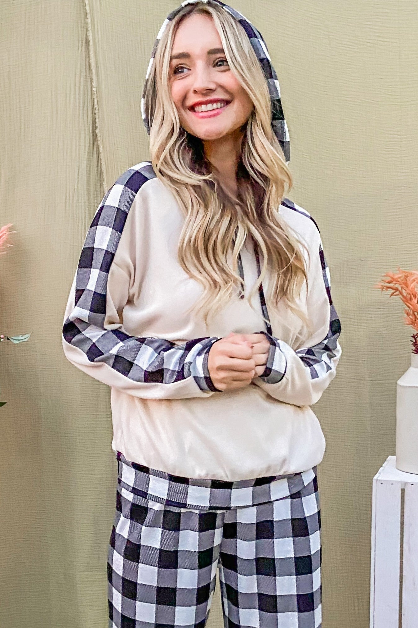 And The Why Drawstring Hooded Top and Plaid Pants Lounge Set And The Why Drawstring Hooded Top and Plaid Pants Lounge Set