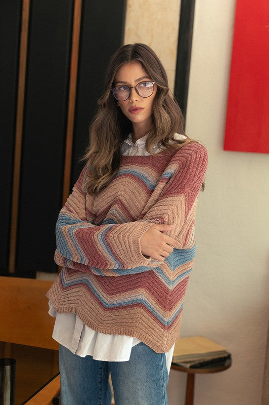 Annie Wear Multi Color Zig-Zag Round Neck Sweater Annie Wear Multi Color Zig-Zag Round Neck Sweater