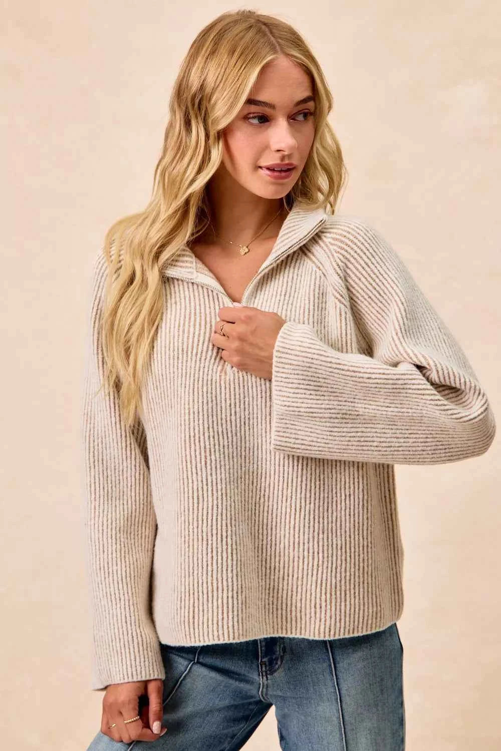 BiBi Two Tone Rib Texured Knit Collared Top with Zip Up BiBi Two Tone Rib Texured Knit Collared Top with Zip Up