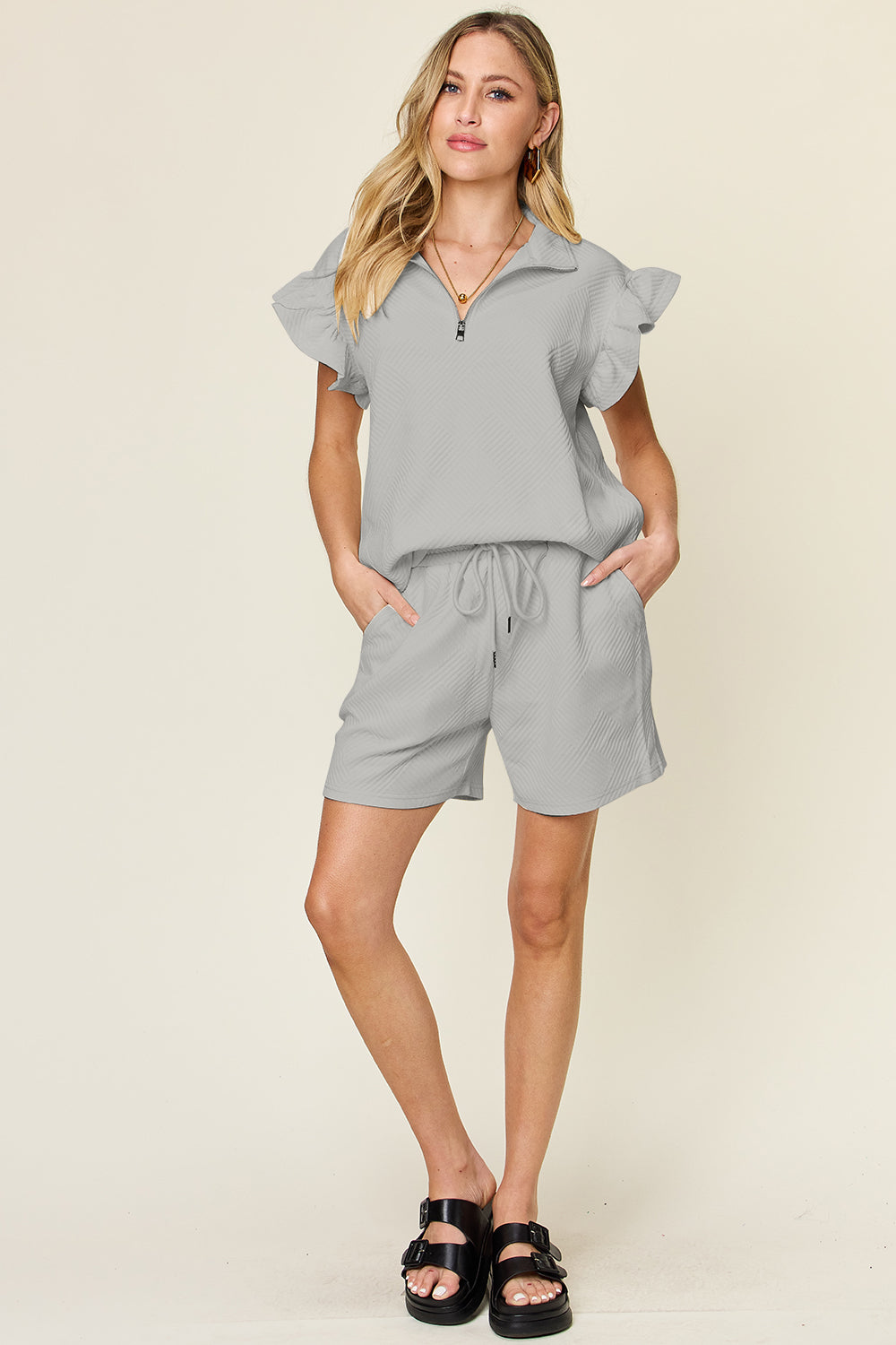 Double Take Full Size Texture Flounce Sleeve Top and Drawstring Shorts Set Double Take Full Size Texture Flounce Sleeve Top and Drawstring Shorts Set