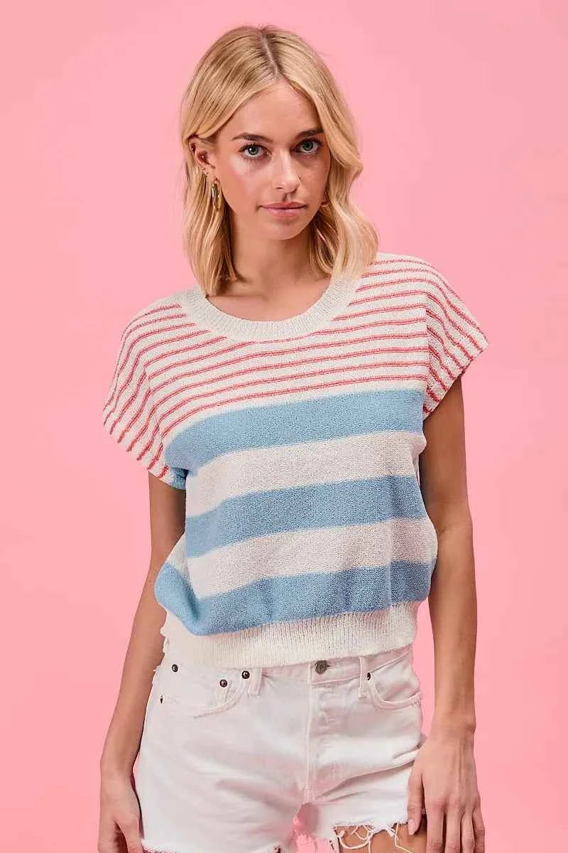 BiBi Stripes Lightweight Short Sleeve Sweater BiBi Stripes Lightweight Short Sleeve Sweater
