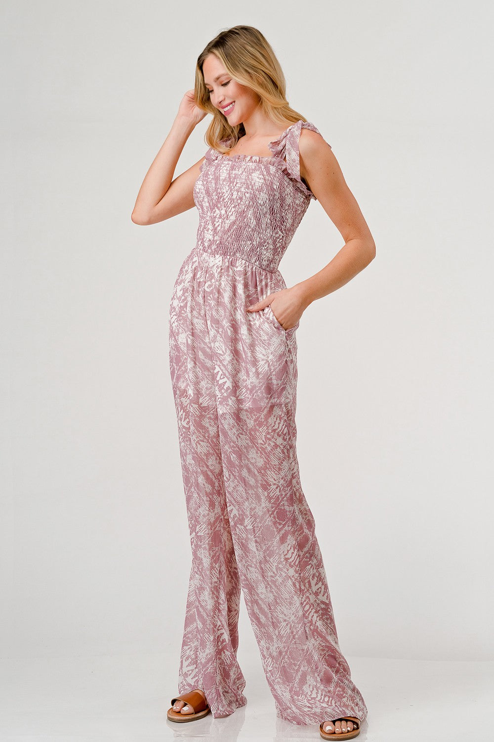 GeeGee Printed Tie Shoulder Wide Leg Jumpsuit GeeGee Printed Tie Shoulder Wide Leg Jumpsuit - TopFashionHQ