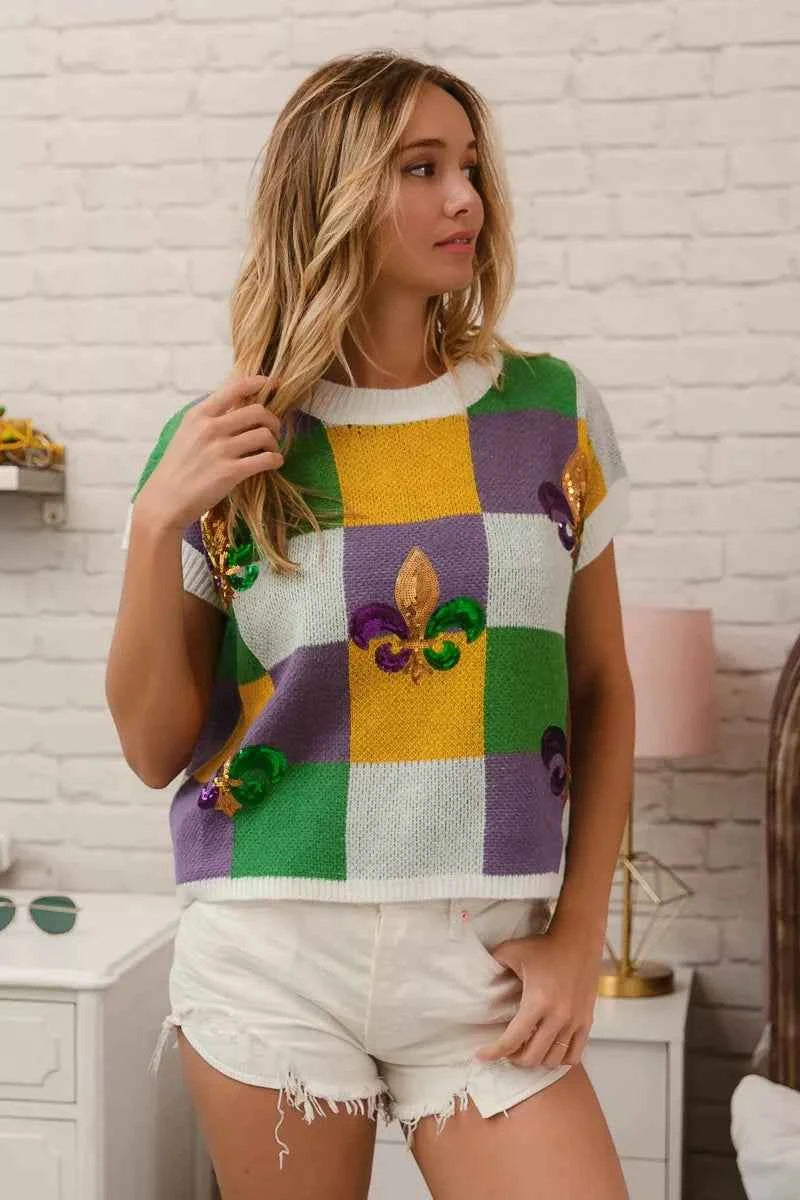 BiBi Sequin Embroidery Mardi Gras Checker Sweater Top BiBi Sequin Embroidery Mardi Gras Checker Sweater Top