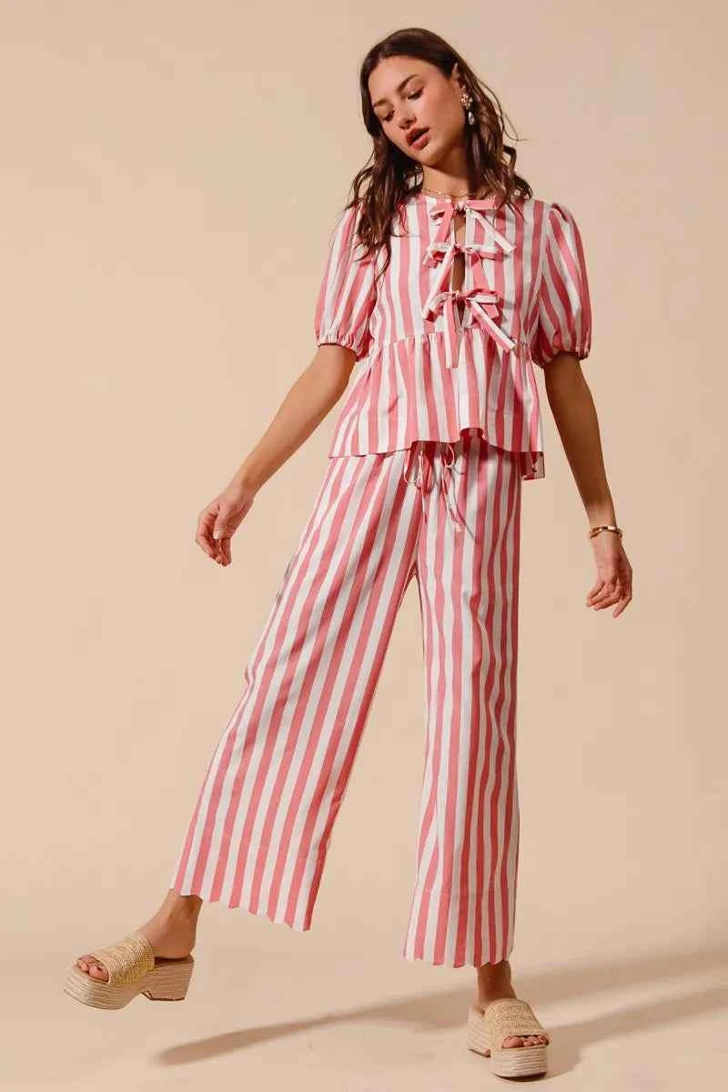 SO ME Front Tie Stripe Top With Puff Sleeves and Wide Leg Pants Set SO ME Front Tie Stripe Top With Puff Sleeves and Wide Leg Pants Set