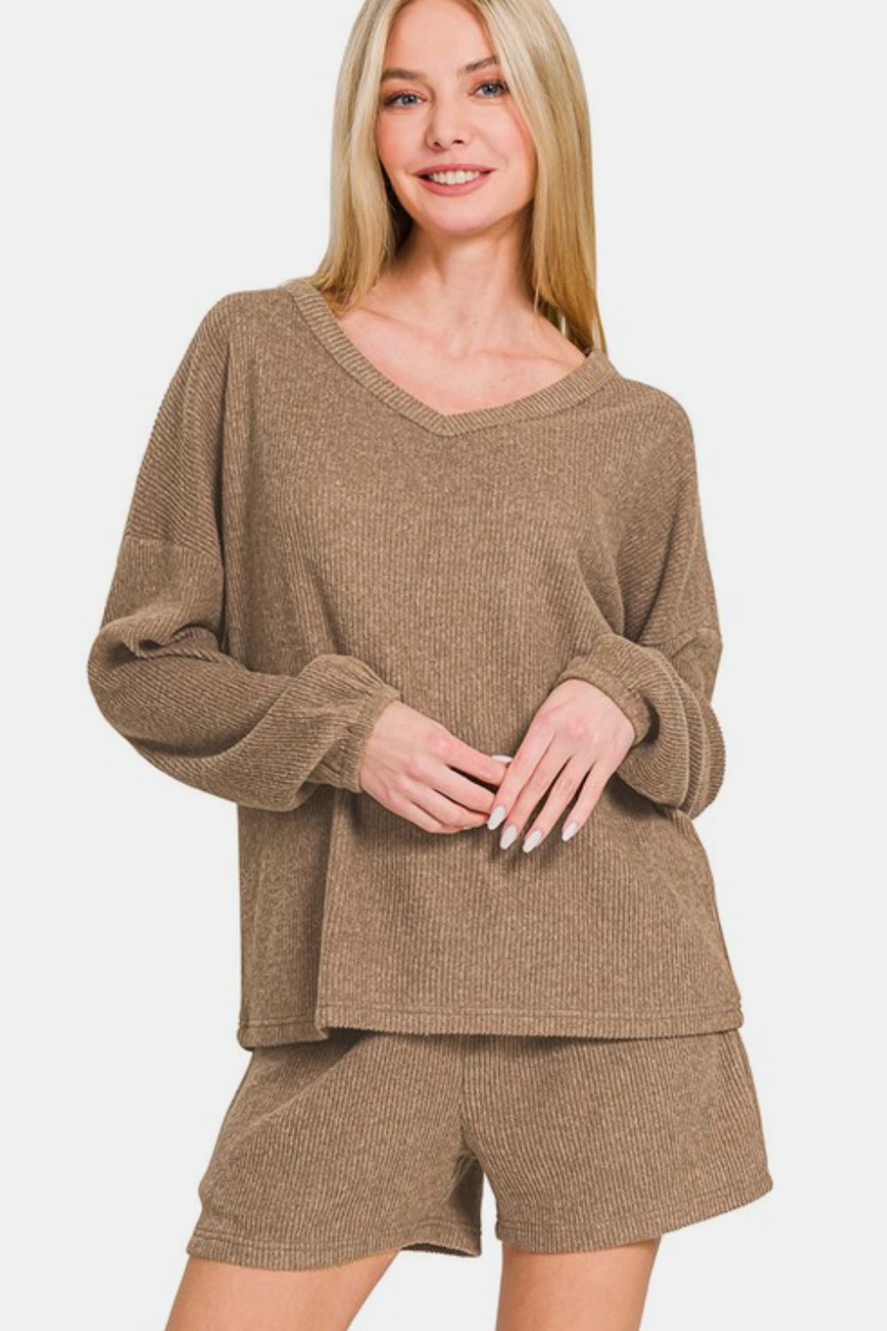 Zenana V-Neck Long Sleeve Ribbed Top and Shorts Set Zenana V-Neck Long Sleeve Ribbed Top and Shorts Set - TopFashionHQ