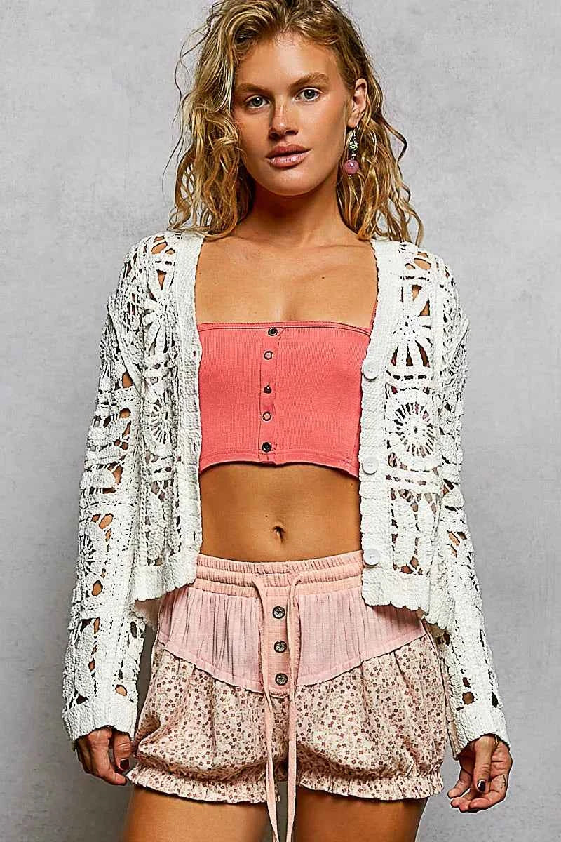 POL Button Down V-Neck Long Sleeve Cropped Crochet Cardigan POL Button Down V-Neck Long Sleeve Cropped Crochet Cardigan