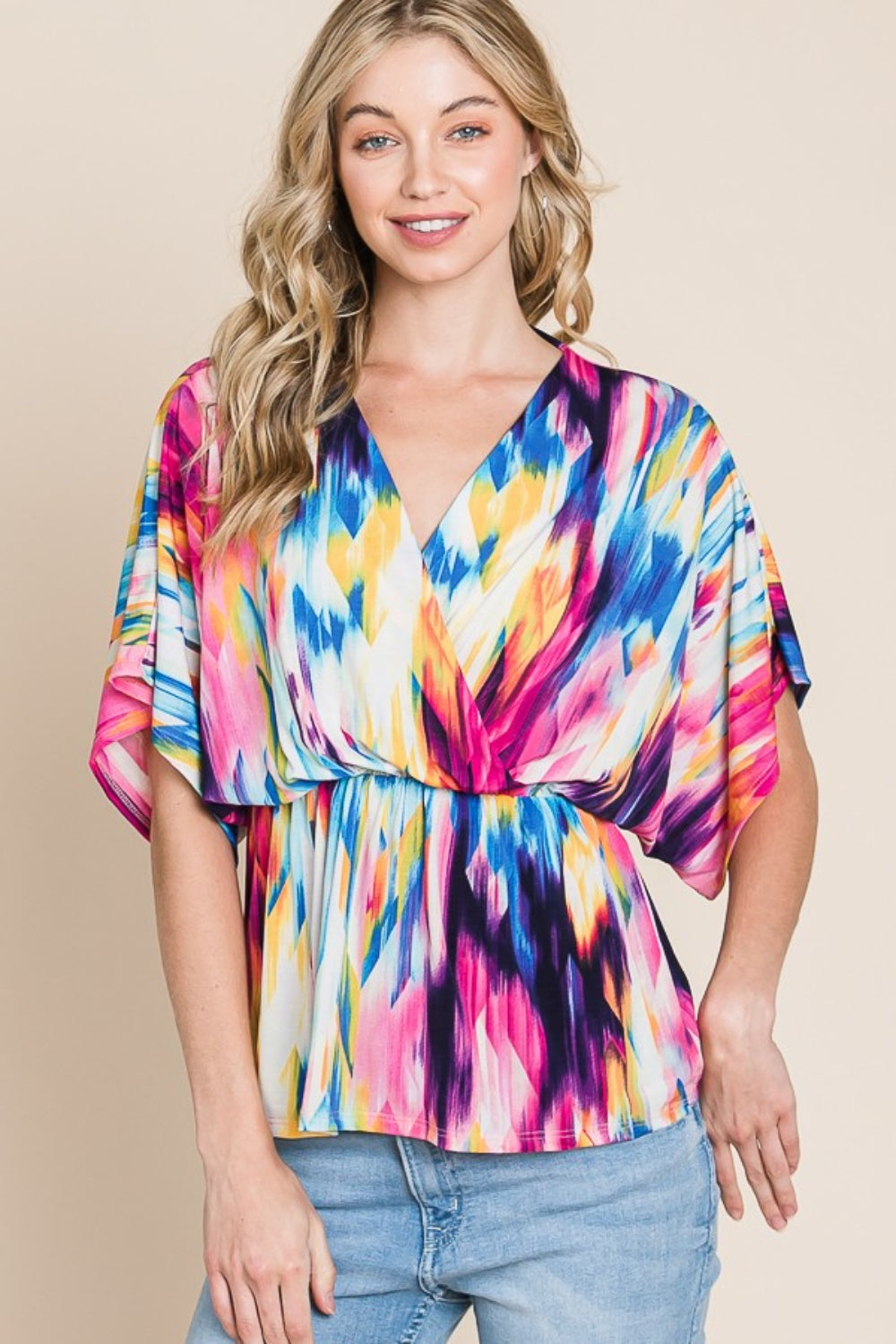 BOMBOM Printed Surplice Peplum Blouse BOMBOM Printed Surplice Peplum Blouse - TopFashionHQ