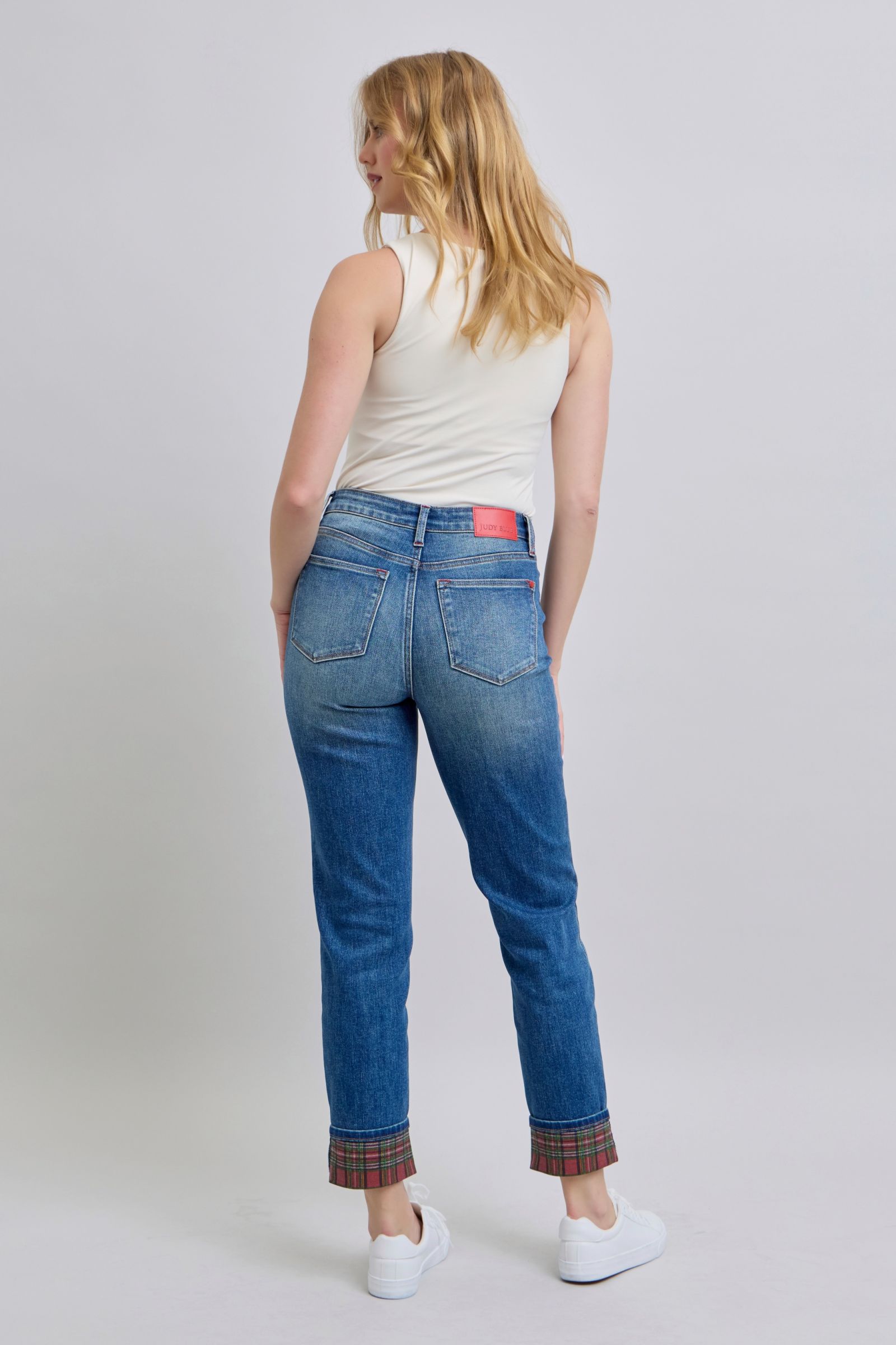 Judy Blue Full Size Plaid Print Cuff Straight Leg Jeans with Pockets Judy Blue Full Size Plaid Print Cuff Straight Leg Jeans with Pockets - TopFashionHQ