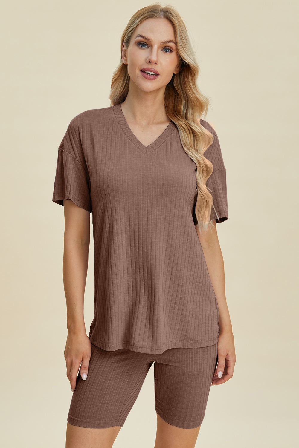 Basic Bae Full Size Ribbed V-Neck Short Sleeve Top and Shorts Set Basic Bae Full Size Ribbed V-Neck Short Sleeve Top and Shorts Set