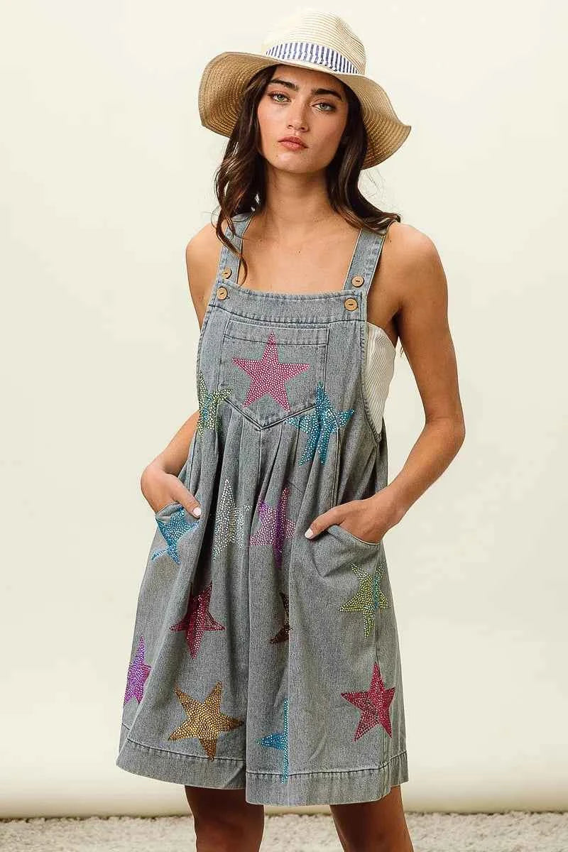 BiBi Star Rhinestone Washed Wide Leg Shortalls BiBi Star Rhinestone Washed Wide Leg Shortalls