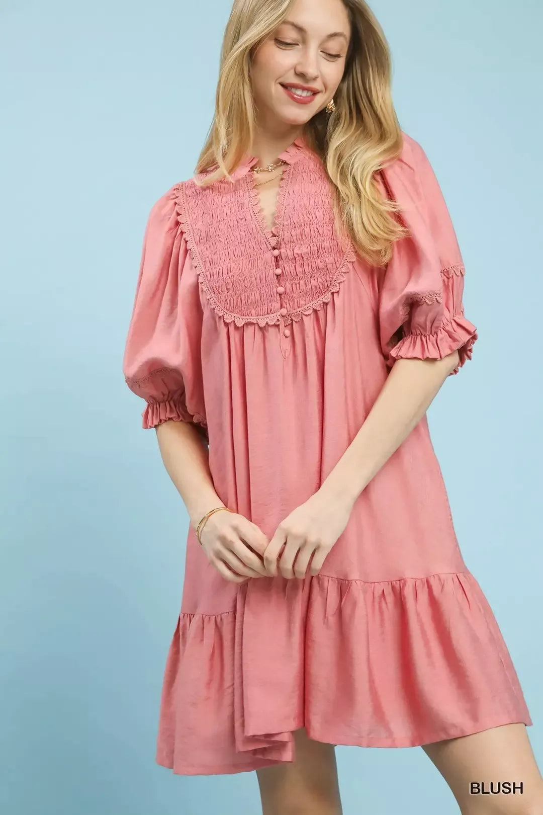 Umgee Smocked Bib Ruffle Hem Babydoll Dress 247f1be9-fca6-45da-a1dd-2b94f88c9a5c-Max-Origin