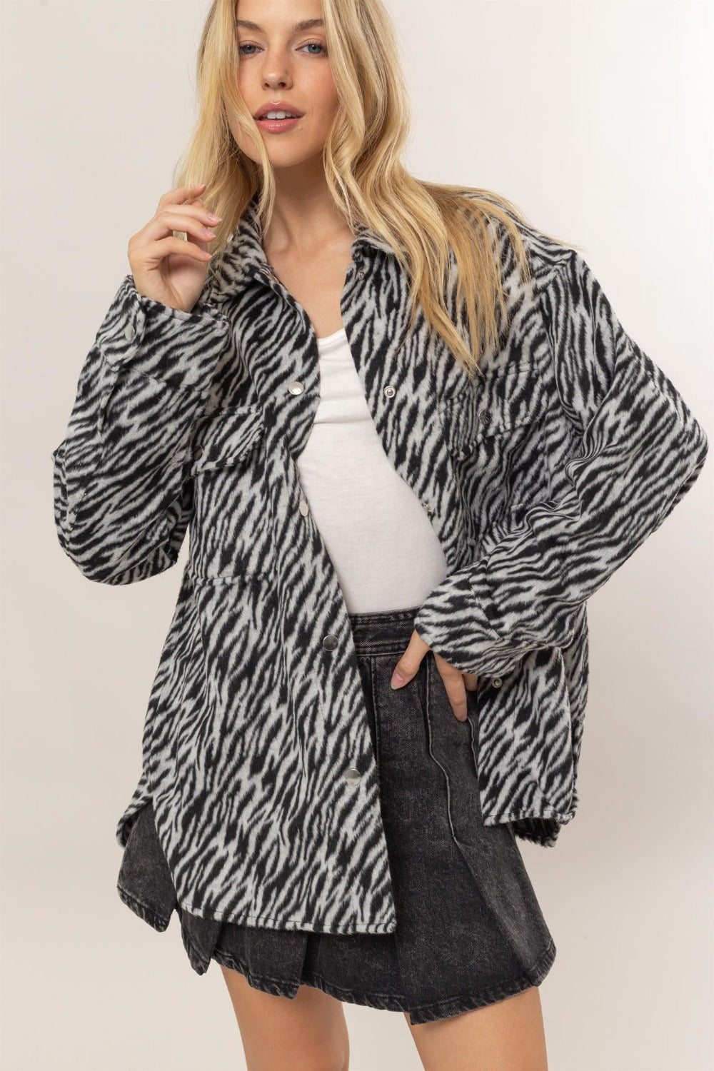 HYFVE Zebra Print Snap Down Long Sleeve Shacket HYFVE Zebra Print Snap Down Long Sleeve Shacket