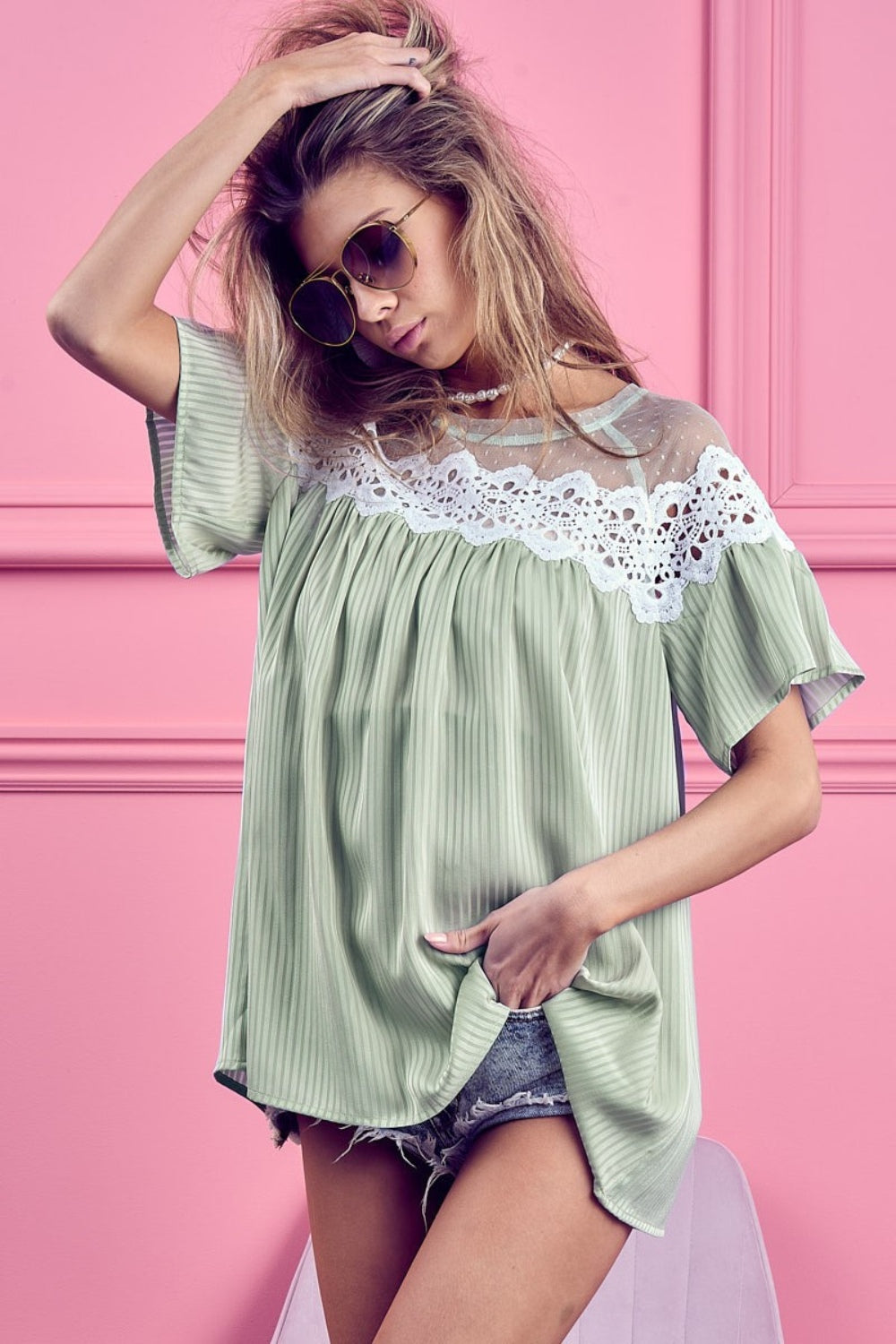 BiBi Lace Detail Short Sleeve Striped Blouse BiBi Lace Detail Short Sleeve Striped Blouse - TopFashionHQ