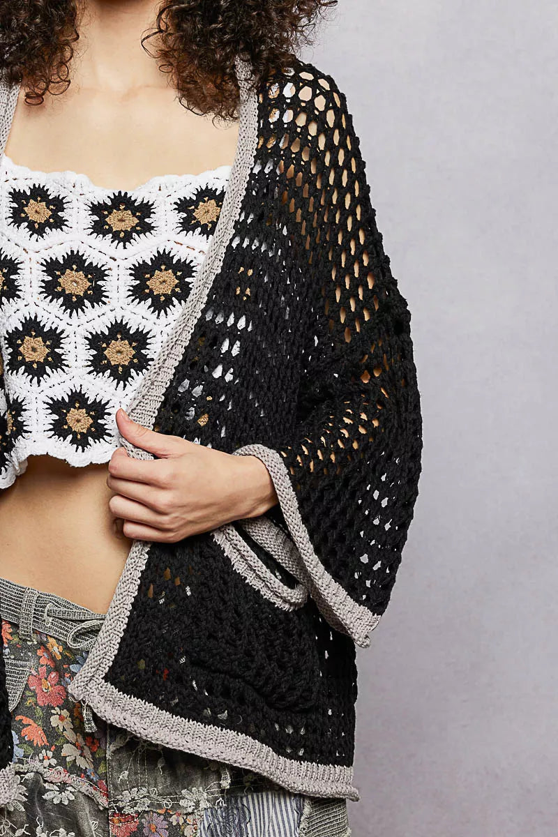 POL Open Front Openwork Cardigan with Contrast Trim 24a73861-ebaa-45a7-9b23-55fdb47debf1-Max-Origin