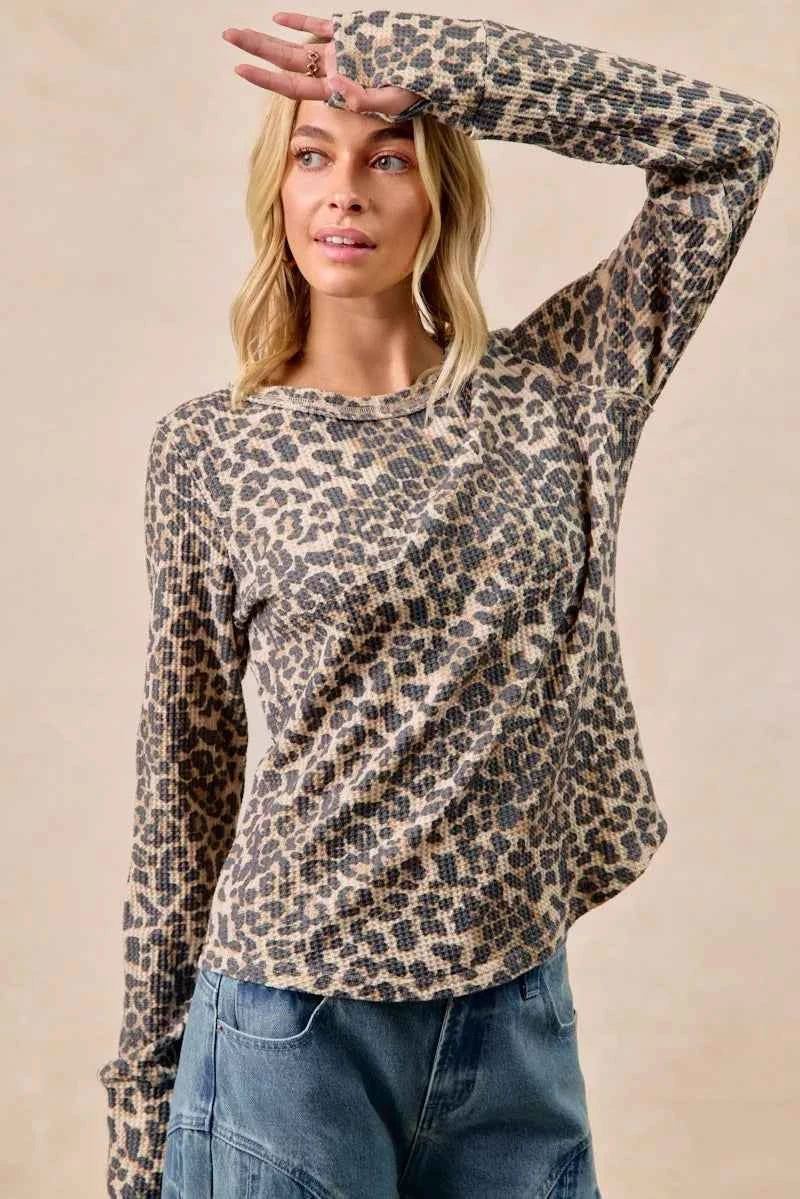 BiBi Leopard Print Washed Waffle Thermal Top with Thumb BiBi Leopard Print Washed Waffle Thermal Top with Thumb