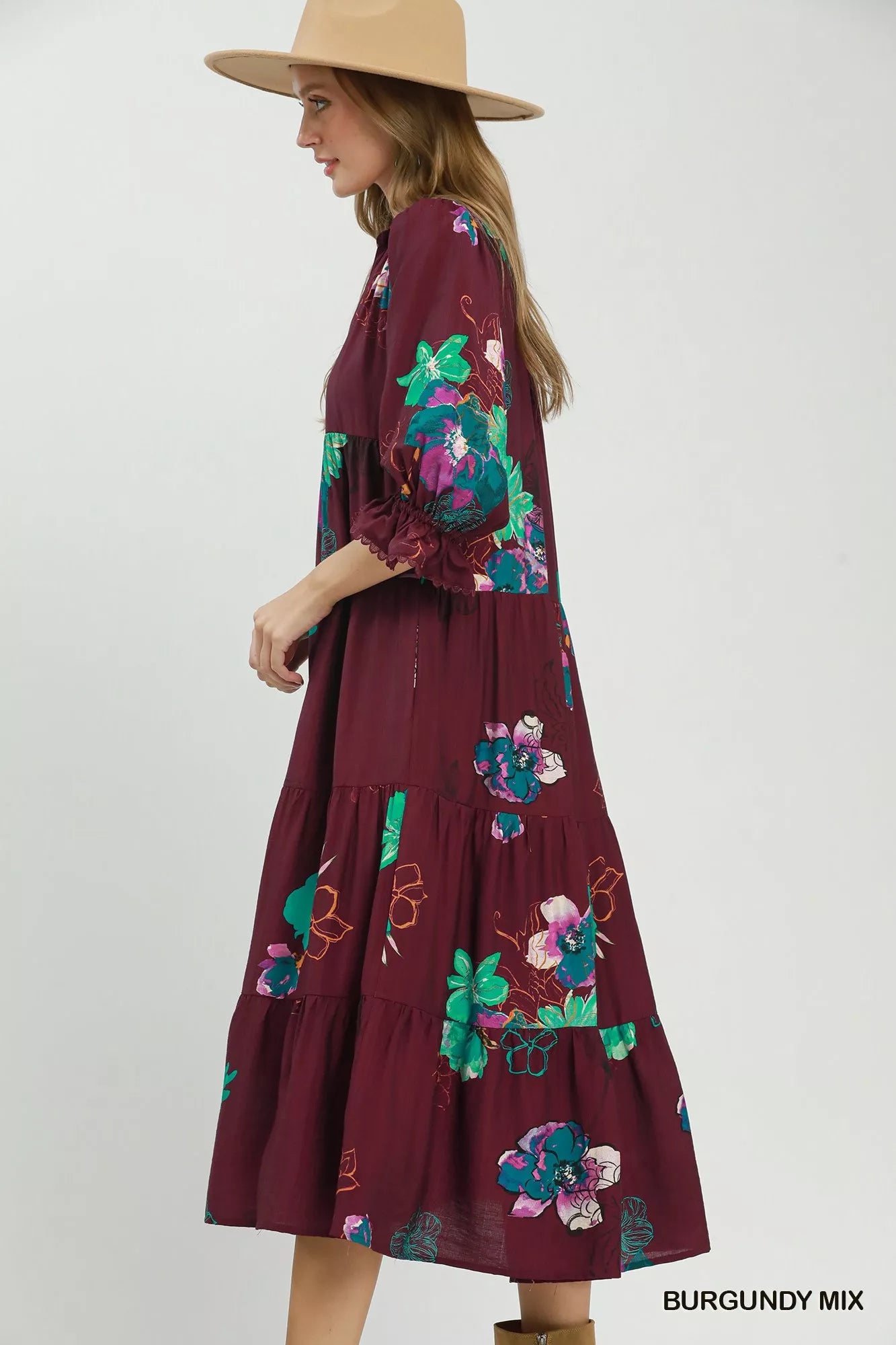 Umgee Floral Print Tiered Midi Dress with Puff Sleeves 24b0e072-890d-4a4b-8a95-bcc41180d041-Max-Origin